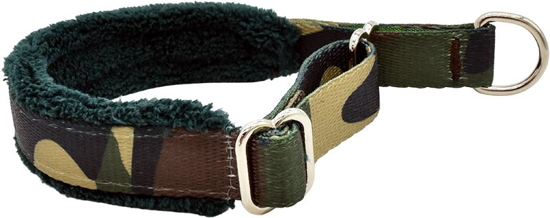 Camo green, brown, and tan military camouflage fleece-lined martingale-style limited slip dog collar by Fuzzywumpets.