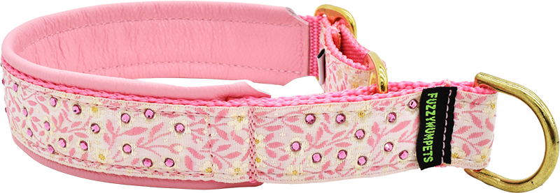 1" Ballerina Luxe Limited Slip Collar with pink jacquard ribbon, leather backing, and European crystals on nylon webbing.
