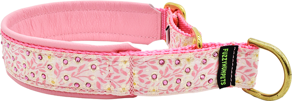 1" Ballerina Luxe Limited Slip Collar with pink jacquard ribbon, leather backing, and European crystals on nylon webbing.