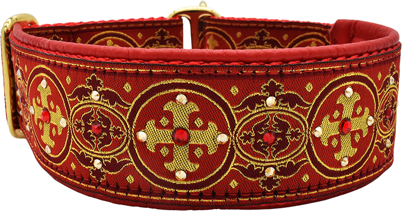 Yonder Capulet red and gold circular medallion cross European-crystal limited slip dog collar by Fuzzywumpets.