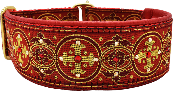 Yonder Capulet red and gold circular medallion cross European-crystal limited slip dog collar by Fuzzywumpets.