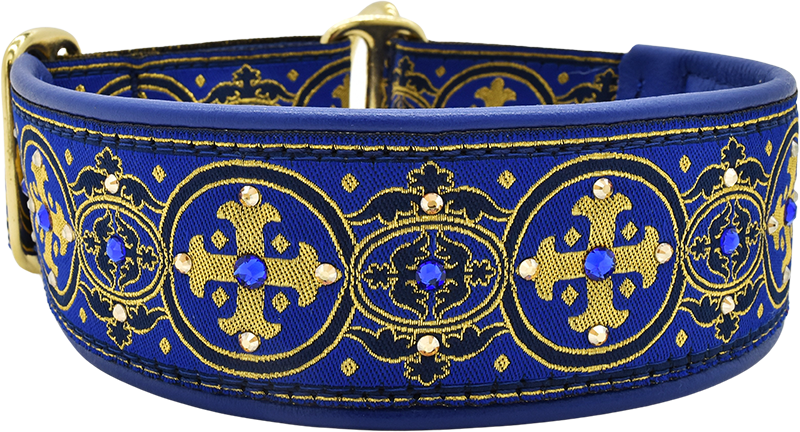 Star-Crossed Capulet royal blue and gold medallion floral European-crystal limited slip dog collar by Fuzzywumpets.