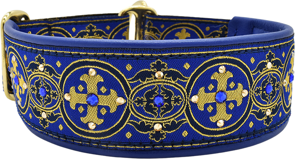 Star-Crossed Capulet royal blue and gold medallion floral European-crystal limited slip dog collar by Fuzzywumpets.