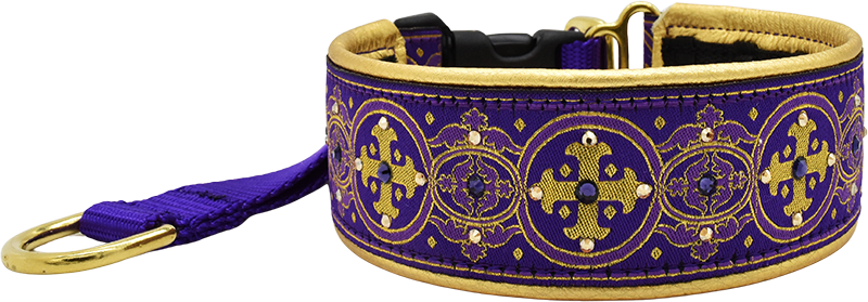 Regal Capulet purple and gold medallion cross-pattern European-crystal hidden prong collar by Fuzzywumpets.