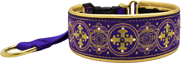 Regal Capulet purple and gold medallion cross-pattern European-crystal hidden prong collar by Fuzzywumpets.