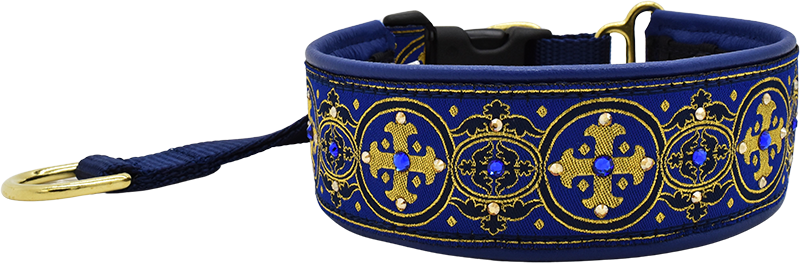 Star-Crossed Capulet royal blue and gold medallion floral European-crystal hidden prong collar by Fuzzywumpets.