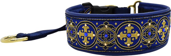 Star-Crossed Capulet royal blue and gold medallion floral European-crystal hidden prong collar by Fuzzywumpets.