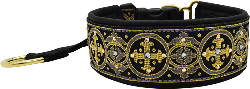 Midnight Capulet black and gold medallion circles European-crystal hidden prong collar by Fuzzywumpets.