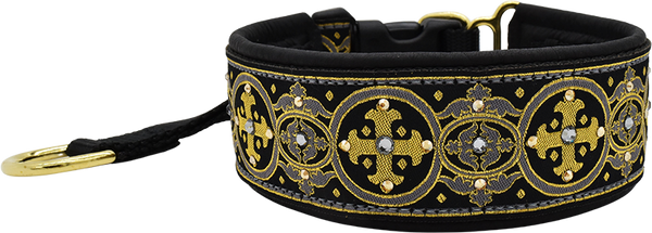 Midnight Capulet black and gold medallion circles European-crystal hidden prong collar by Fuzzywumpets.