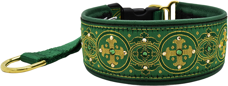 Nature's Capulet green and gold medallion cross-pattern European-crystal hidden prong collar by Fuzzywumpets.