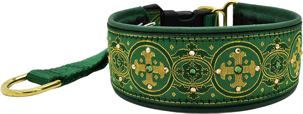 Nature's Capulet green and gold medallion cross-pattern European-crystal hidden prong collar by Fuzzywumpets.