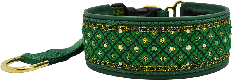Jade Valhalla dark green and gold diamond European-crystal hidden prong collar by Fuzzywumpets.