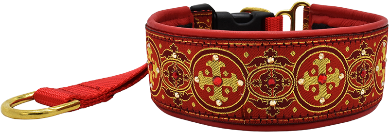 Yonder Capulet red and gold circular medallion cross European-crystal hidden prong collar by Fuzzywumpets.