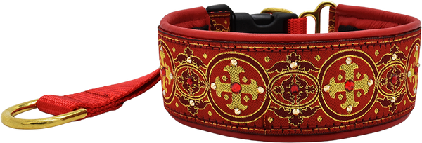 Yonder Capulet red and gold circular medallion cross European-crystal hidden prong collar by Fuzzywumpets.