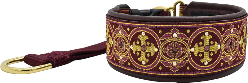 Sanguine Capulet burgundy and gold medallion cross-pattern European-crystal hidden prong collar by Fuzzywumpets.