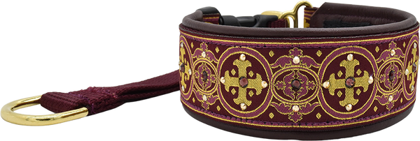Sanguine Capulet burgundy and gold medallion cross-pattern European-crystal hidden prong collar by Fuzzywumpets.