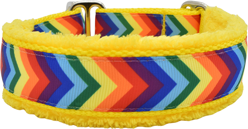 Keep Moving Forward rainbow chevron stripe ribbon fleece-lined martingale-style limited slip dog collar by Fuzzywumpets.