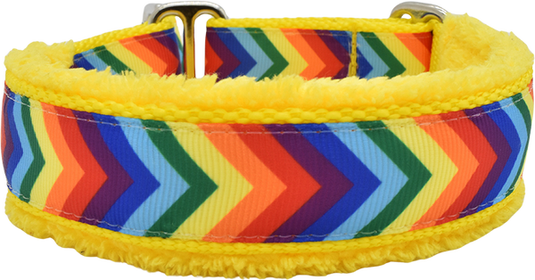 Keep Moving Forward rainbow chevron stripe ribbon fleece-lined martingale-style limited slip dog collar by Fuzzywumpets.