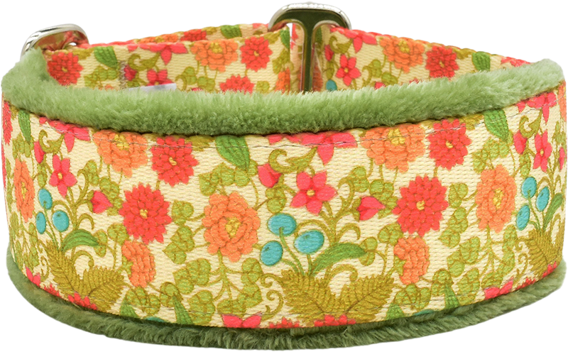 1.5" Emma Floral Everyday Limited Slip Collar for dogs, Purple leather lining, handmade in the USA by Fuzzywumpets.