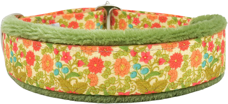 Emma Floral cream and coral orange floral vine fleece-lined martingale-style limited slip dog collar by Fuzzywumpets.