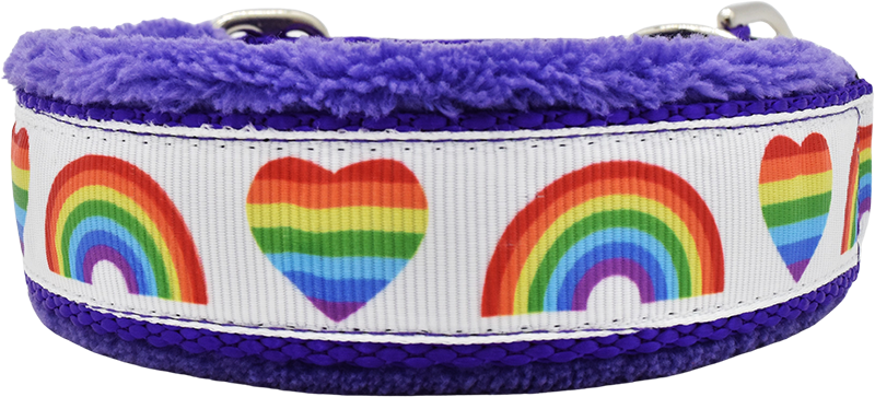 Spectrum of Affection white ribbon rainbow hearts fleece-lined martingale-style limited slip dog collar by Fuzzywumpets.