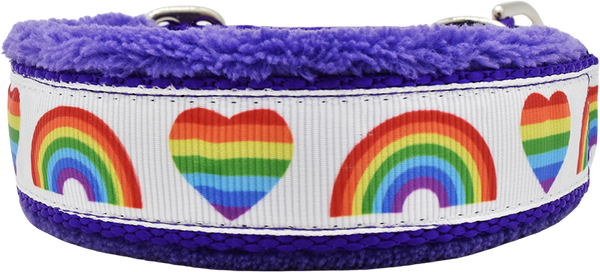 Spectrum of Affection white ribbon rainbow hearts fleece-lined martingale-style limited slip dog collar by Fuzzywumpets.