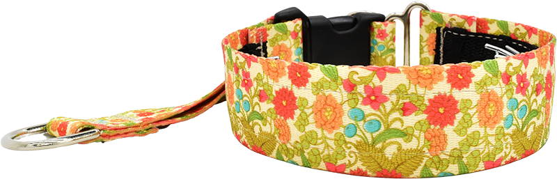 Emma Floral cream and coral orange floral vine hidden prong / private trainer dog collar by Fuzzywumpets.