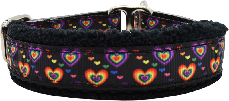 Uplifting Love black with rainbow gradient hearts fleece-lined martingale-style limited slip dog collar by Fuzzywumpets.