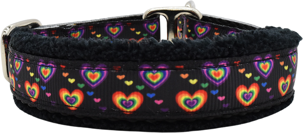 Uplifting Love black with rainbow gradient hearts fleece-lined martingale-style limited slip dog collar by Fuzzywumpets.