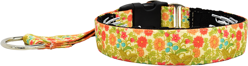 Emma Floral cream and coral orange floral vine hidden prong / private trainer dog collar by Fuzzywumpets.