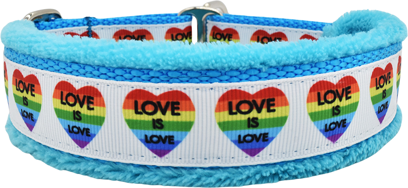 Love is Love white ribbon rainbow heart print fleece-lined martingale-style limited slip dog collar by Fuzzywumpets.