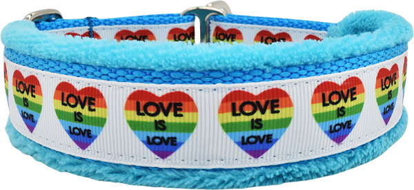 Love is Love white ribbon rainbow heart print fleece-lined martingale-style limited slip dog collar by Fuzzywumpets.