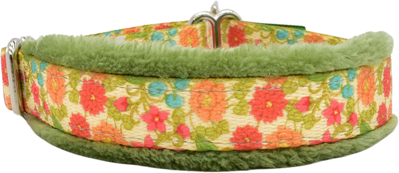 Emma Floral cream and coral orange floral vine fleece-lined martingale-style limited slip dog collar by Fuzzywumpets.
