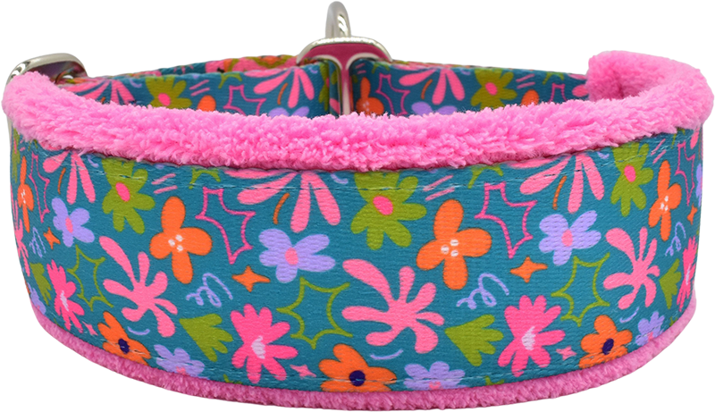 Whimsy teal and pink multicolor floral fleece-lined martingale-style limited slip dog collar by Fuzzywumpets.