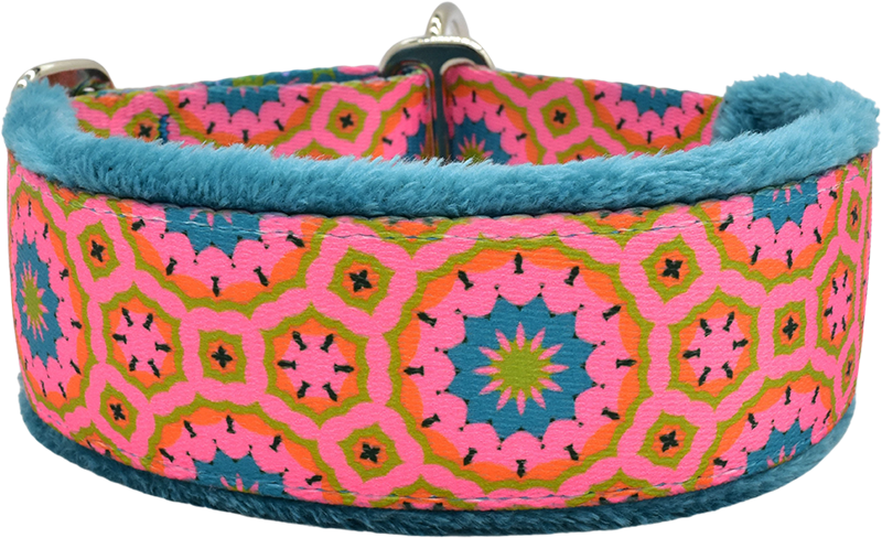 Andorra pink, orange, green, teal geometric medallion fleece-lined martingale-style limited slip dog collar by Fuzzywumpets.