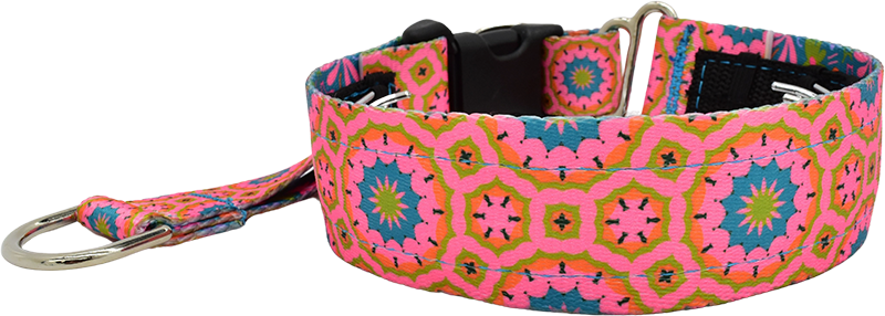 Andorra pink, orange, green, teal geometric medallion hidden prong / private trainer dog collar by Fuzzywumpets.