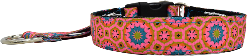 Andorra pink, orange, green, teal geometric medallion hidden prong / private trainer dog collar by Fuzzywumpets.