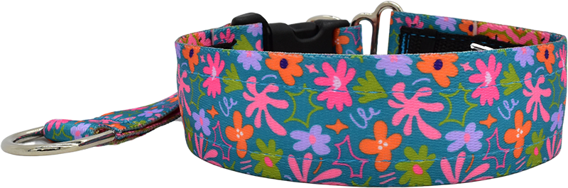 Whimsy teal and pink multicolor floral hidden prong / private trainer dog collar by Fuzzywumpets.