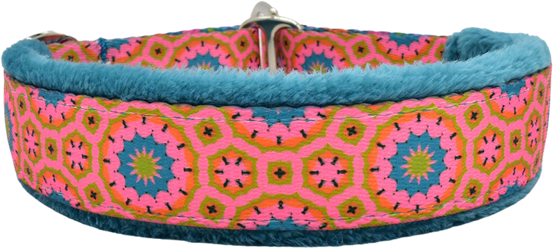 Andorra pink, orange, green, teal geometric medallion fleece-lined martingale-style limited slip dog collar by Fuzzywumpets.