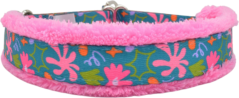 Whimsy teal and pink multicolor floral fleece-lined martingale-style limited slip dog collar by Fuzzywumpets.