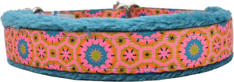 Andorra pink, orange, green, teal geometric medallion fleece-lined martingale-style limited slip dog collar by Fuzzywumpets.
