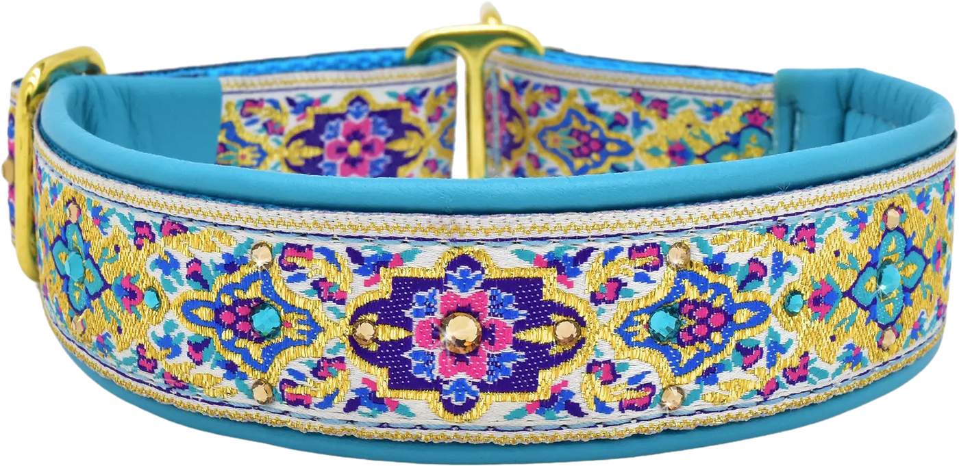 Turquoise Verona white, gold, blue, and pink medallion European-crystal limited slip dog collar by Fuzzywumpets.