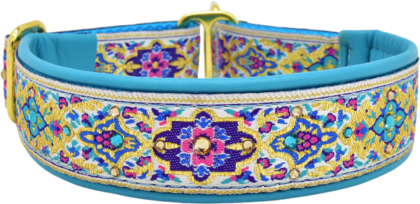 Turquoise Verona white, gold, blue, and pink medallion European-crystal limited slip dog collar by Fuzzywumpets.