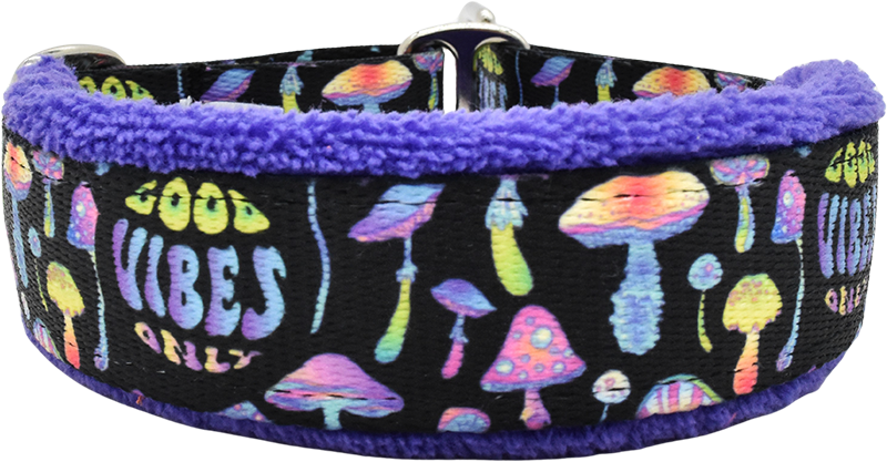 Good Vibes Only black with iridescent mushrooms and groovy text fleece-lined martingale-style limited slip dog collar.