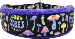 Good Vibes Only black with iridescent mushrooms and groovy text fleece-lined martingale-style limited slip dog collar.