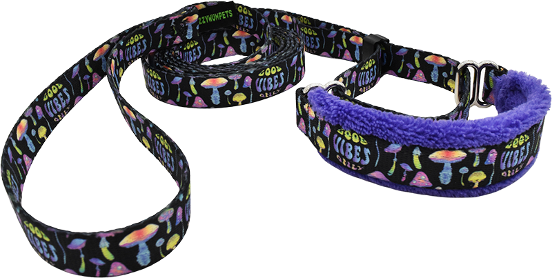 Good Vibes Only black with iridescent mushrooms and groovy text fleece-lined martingale walking lead — no-slip dog leash.