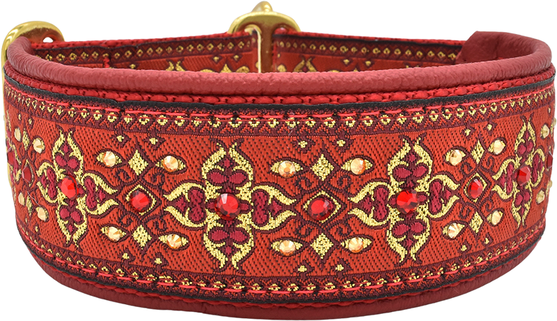 Apple Nouvelle red and gold ornate floral brocade European-crystal limited slip dog collar by Fuzzywumpets.