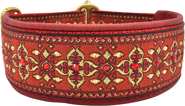 Apple Nouvelle red and gold ornate floral brocade European-crystal limited slip dog collar by Fuzzywumpets.