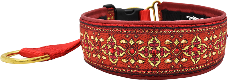 Apple Nouvelle red and gold ornate floral brocade European-crystal hidden prong collar by Fuzzywumpets.