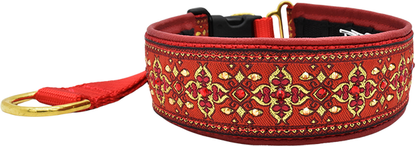 Apple Nouvelle red and gold ornate floral brocade European-crystal hidden prong collar by Fuzzywumpets.